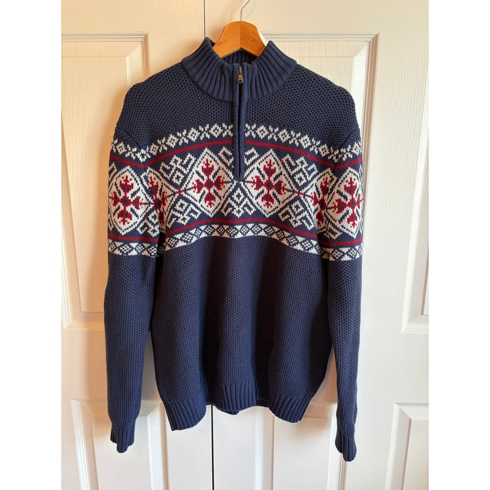 Izod Mens Large Navy Blue Fair Isle Quarter Zip Cotton Blend Knit Sweater